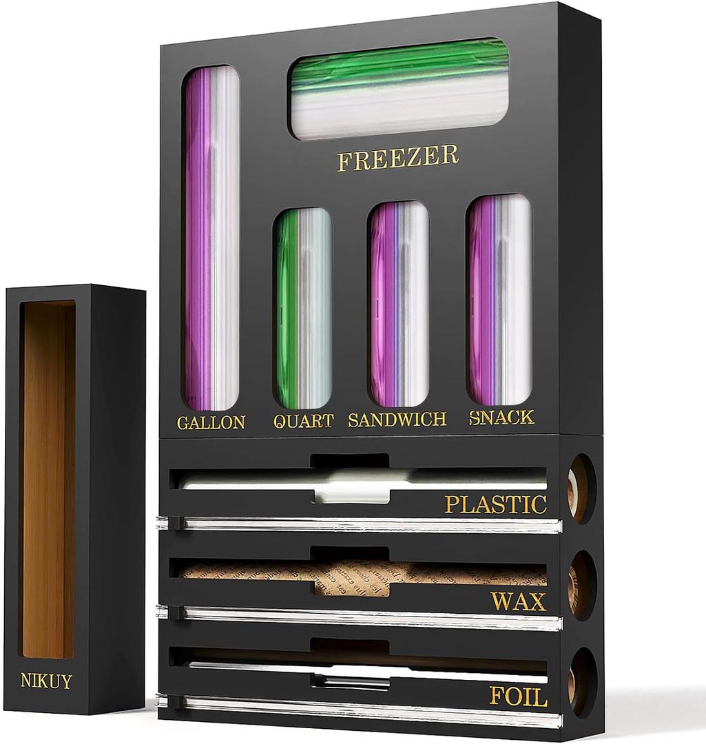 NIKUY 9 IN 1 Bamboo Foil and Plastic Wrap Organizer for Kitchen Drawer, Plastic Bag Organizer Organization and Storage, Food Storage Bag Organizer (BLACK)