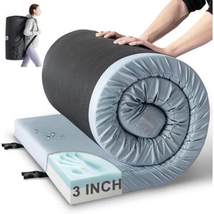 Kingfun 3 Inch CertiPUR-US Memory Foam Camping Mattress Pad, Waterproof Roll up Sleeping Pad, Thick Floor Sleeping Mats for Tent with Removable Travel Bag(Light Blue, Cot)
