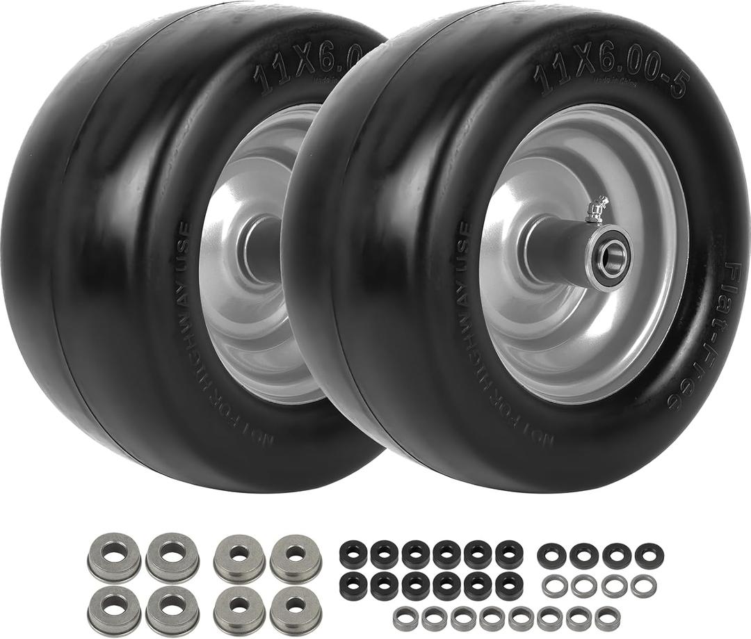 AR-PRO (2-Pack) 11x6.00-5 Flat Free Tire and Wheel - Universal 11x6-5 Solid Rubbe Riding Lawn Mower Tire with Rim - With 5.3"-7.5" Centered Hub and 3/4" Bearings - Fit Most Zero Turn Mowers