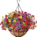 Artificial Fake Hanging Flowers Plants Basket Outdoors, Faux Silk UV Resistant Look Real Daisy Eucalyptus for Spring Summer Garden Porch Home Patio Balcony Yard Decorations, Multicolor