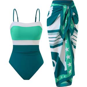 Women’s One Piece Swimsuit with Cover Up Set Skirt Retro 2 Piece Bathing Suit Swimwear (Blue, S)