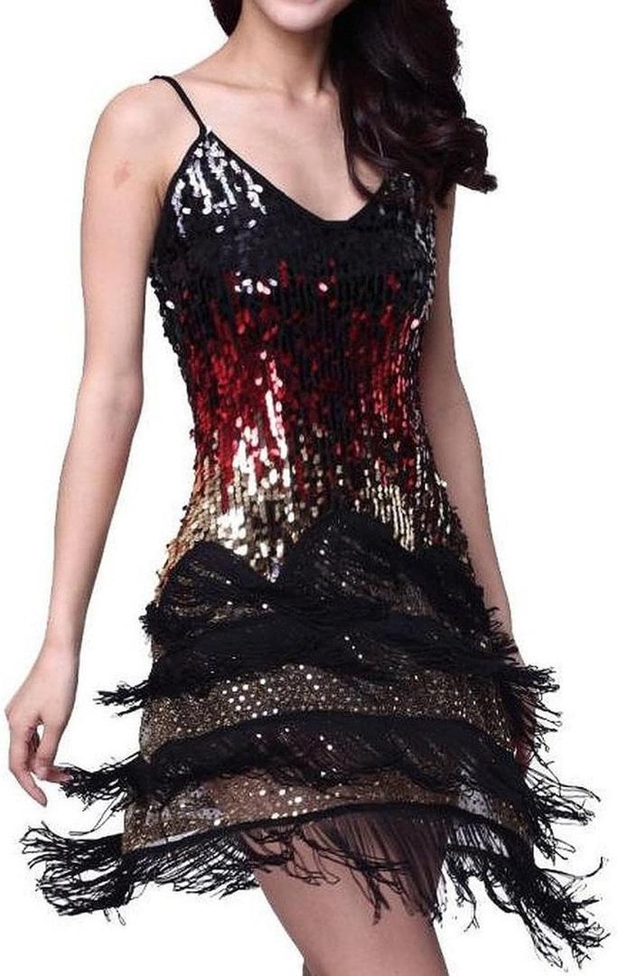 Vijiv Women's Adjustable Strap Gradient Sequin Fringe Dance Party Dress (Large, Black)