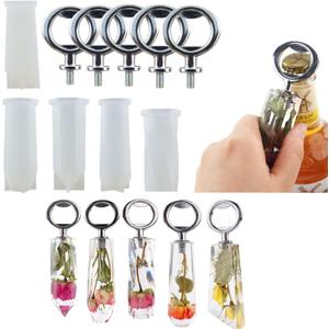Beer Bottle Opener Silicone Mold, 5 PCS Bottle Cap Opener Epoxy Resin Casting Silicone Mold with 5 PCS Inserts, DIY Craft Art Corkscrew Mold, Keychain Pendant Home Decor (5 Molds + 5 Inserts)