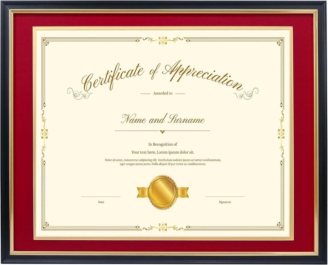 16x20 Diploma Frame for 14x17 Certificate/Document/Picture with Double Mat(Black and Red),Wood Degree Frame, Black with Gold Side,UV Protection Acrylic,Wall hanging