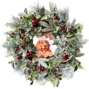 24 Inch Lighted Christmas Wreath Dog Sign Wreath with Snow Flocked Cedar Branches Pine Needles Red Ornaments Berries and Timer Christmas Dcor Holiday Hanging Decoration for Door Wall Mantel
