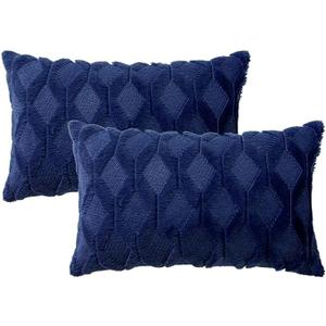 MIULEE Dark Blue Throw Pillow Covers 12x20 Set of 2 Decorative Farmhouse Couch Throw Pillows Boho Shells Cute Soft Plush Wool Winter Pillowcases for Bedroom Living Room Sofa