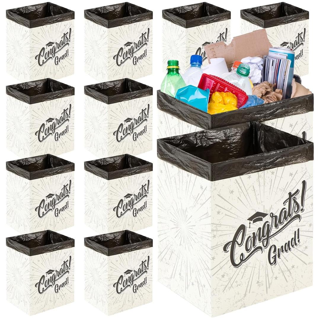 12 Pcs Graduation 13 Gallon Disposable Trash Cans Graduation Trash Bins with 15 Pcs Garbage Bag 1 Roll Double Sided Tape Congrats Grad Garbage Can Class of 2026 Party Supplies