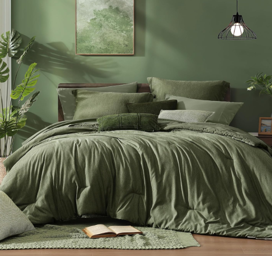 Monbix Queen Comforter Set - 7 Pieces Cationic Dyeing Olive Green Bed in a Bag Queen Bedding Sets with Comforter, Sheets, Pillowcases & Shams, Reversible Bedding Comforters Sets