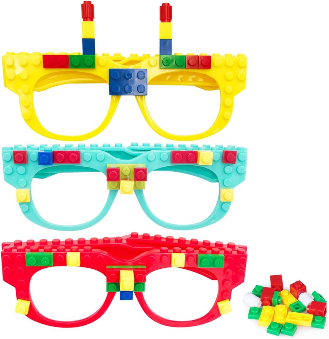 Fowecelt 12 Pcs Building Bricks Glasses Building Blocks Games for Kids Birthday Party Favors, Boys Girls Carnival Games (Yellow, Cyan, Red)