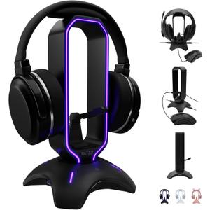 Tilted Nation Gaming Headset Stand | RGB Headphone Stand for Desk with Mouse Bungee and USB Hub (Cool and Clean Setup) Gaming Headset Holder - Perfect Gamer Gift Accessory (Black)