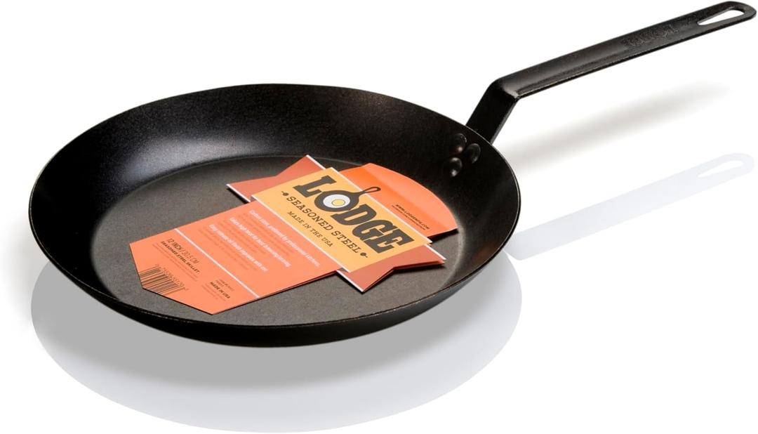 Lodge 12 Inch Carbon Steel Skillet - PFAS-Free Pre-Seasoned Carbon Steel Frying Pan for High-Heat Searing - Long Handle Design for Omelets, Grilling, and Campfire Cooking - Made in the USA