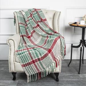 G Lake Green Red Plaid Blanket Throw Acrylic Soft Reversible Dyed Fringed Bed Blanket for Christmas Indoor Decorations 50" W x 67" L -Christmas Color