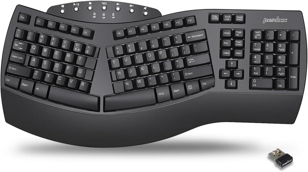 Perixx Periboard-612B Wireless Ergonomic Split Keyboard with Dual Mode 2.4G and Bluetooth Feature, Compatible with Windows 11 and Mac OS X System, Black, US English Layout