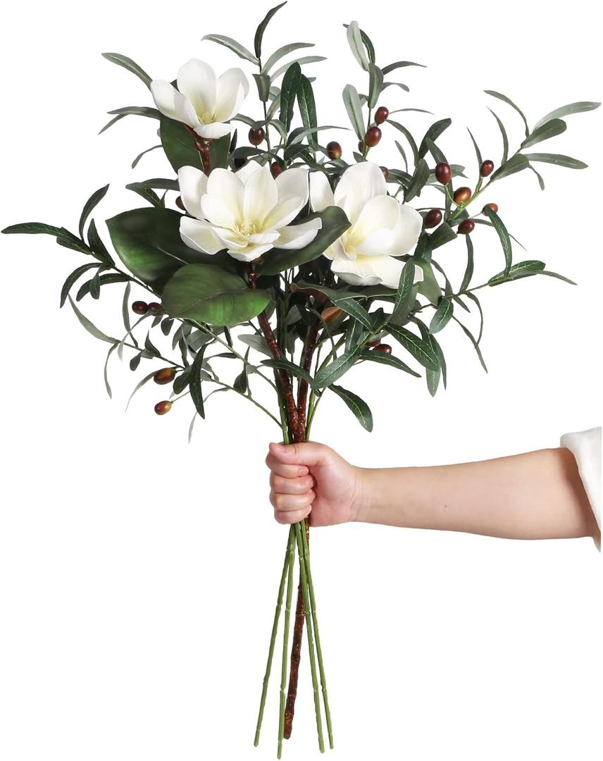 White Silk Magnolia Flowers with Olive Branches for Vases Real Touch White Flower Combo Artificial Olive Branches 30" Long Stem Artificial Flowers for Tall Vase Home Decor Indoor (White)