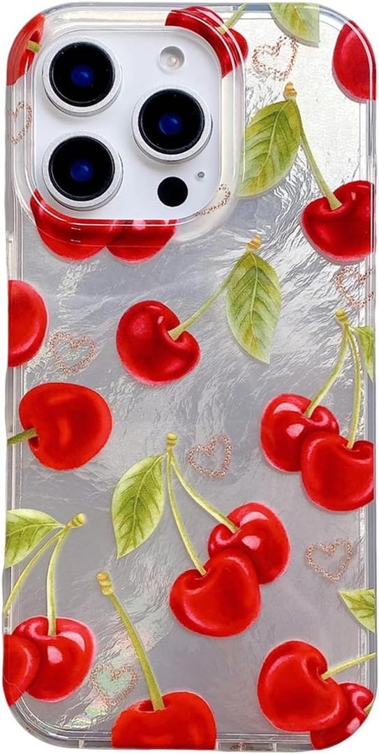 Cherry Heart Print Glitter Silver Phone Case for iPhone 16 6.1",Trendy Cute Coquette Fruit Aeshteitc Kawaii Protective Girly Pretty Bling Cover for iPhone 16 6.1in