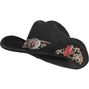 Western Cowboy Hat for Men and Women, Shapeable Big Wide Brim Cowgirl Hat with Embroidery (Large, Black)