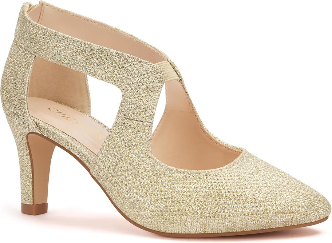 Women's Pumps,Comfortable Closed Toe 3-Inch Kitten Heels,Low Heels for Work,Office,Wedding,and Dressy Occasions,Dress Shoes for Women (10, Gold)