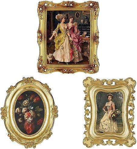 Thyle 3 Pcs Small Gold Vintage Picture Antique Resin Photo Frame Set Rectangle Ornate Antique Picture Frames for Art Tabletop Display Wall Hanging Home Decor(Gold)