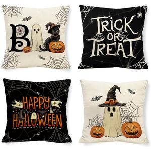 Happy Halloween Ghost Boo Pillow Covers Trick or Treat 18 x 18 Inch Throw Pillows, Black Cat Spooky Pumpkin Spider Web Decorative Farmhouse Seasonal Cushion Case for Sofa Couch Set of 4