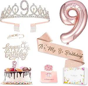 9th Birthday Decorations for Girls, Including 9 year old Birthday Cake Topper, Queen Sash with Pearl Pin, Sweet Rhinestone Tiara Crown, Number Candles and Balloons Set, Rose Gold
