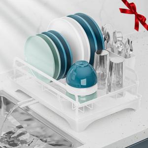 Dish Drying Rack Kitchen - Dish Racks for Kitchen Counter Space-Saving, Dish Drainer with Automatic Drain and Adjustable Spout, Dishwasher Rack with Cutlery Holder, Easy to Install, White (1 Tier - White)