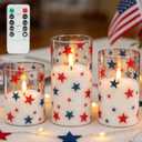 LUSHARBOR Patriotic Flameless Candles with Remote, 4th of July Battery Operated Candles with Star Decor, Set of 3 Glass LED Electric Candles for Home Party Patriotic Holiday Decor