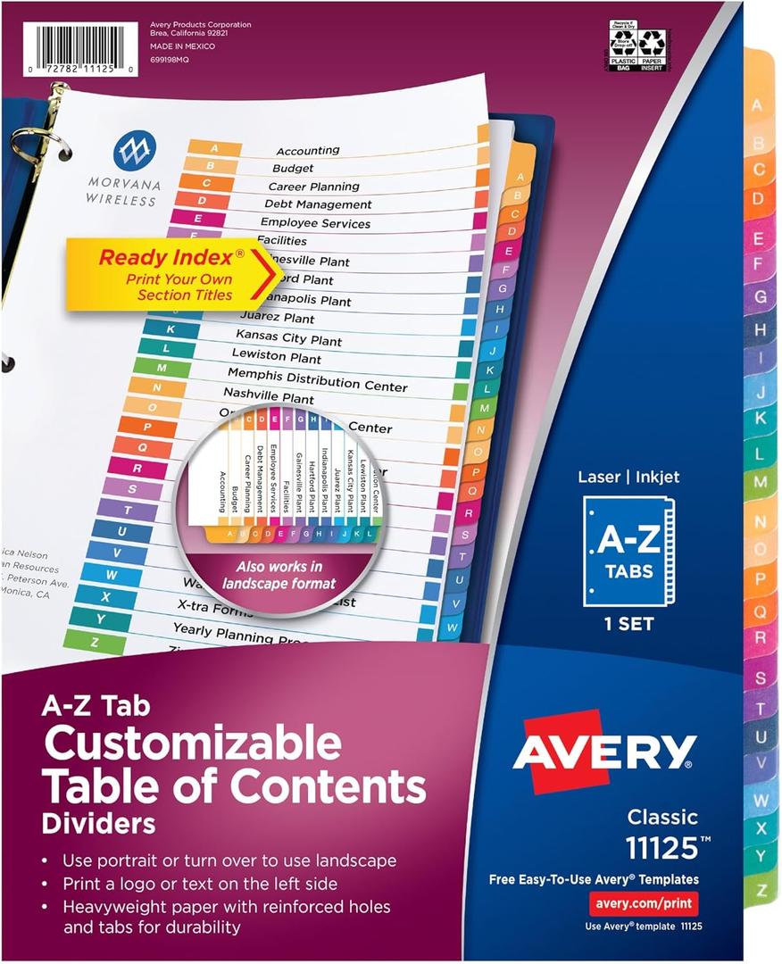2 x Avery A-Z Dividers for 3 Ring Binders, 26 Tabs per Set, Customizable Table of Contents, Multicolor Tabs, Great for Organizing Reports, Projects, and More (11125)