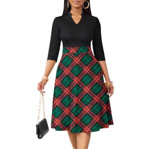 Nmoder Casual Dresses for Women Semi Formal Fit and Flare 3/4 Sleeve A-line Church Work Dress with Pockets (L)