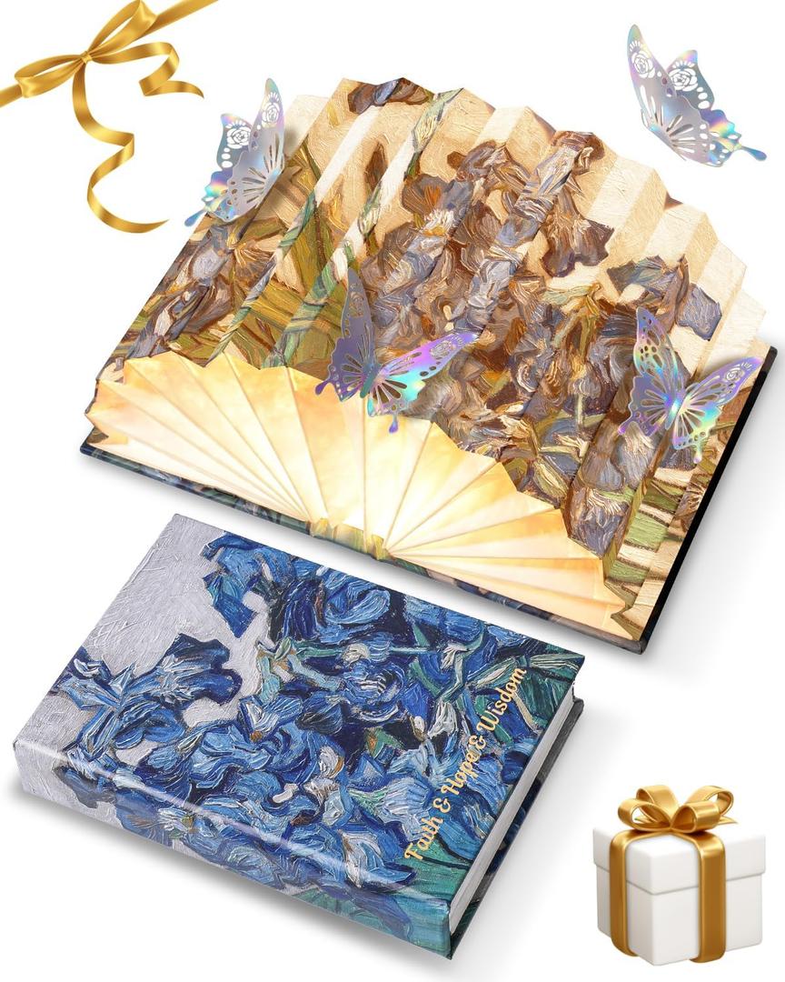 Book Shaped Light, BookLamp for Book Lovers Gifts,Van Gogh Iris Design Foldable Lamp Perfect for Bedside Night Light, Bookshelf Decor, Home Desk, Ideal Gifts for Birthday Valentines Day