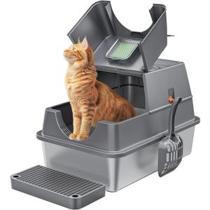 Stainless Steel Litter Box with Lid Large Enclosed High Sided Covered Metal Steel Cat Litter Box with Steps Scoop, Easy Cleaning, Odor Control, Front Entry Top Exit (Dark Grey)