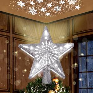 Joiedomi Christmas Silver Star Tree Topper Lighted with Projector, Built-in LED Rotating Lights, 3D Glitter Xmas Decorations for Party Holiday Indoor Decor (9.8 inches * 9.4 inches * 1.8 inches)