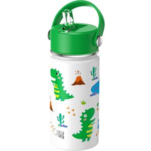 OISIZ Kids Water Bottle with Straw Lid 14oz, Vacuum Insulated 316 Stainless Steel Water Bottles for Kids for School, Leakproof Water Bottle, BPA Free and Keep Cold for 24 Hours (dinosaur)