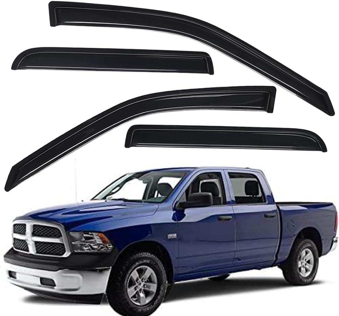 WV94109 Outside-Mount Car Window Visors Rain Guards, Dark Smoke, 4-Pieces Set, Fits 2009-2018 Dodge Ram 1500 Crew Cab, 2010-2024 Ram 2500/3500 Crew Cab & Mega Cab, 2019-2024 Ram 1500 Classic Crew Cab
