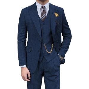 Retro Mens 3 Piece Suit Tweed Herringbone Slim Fit Suits Groomsmen Brown Tuxedos Set Prom Jacket Blazer Vest Pants for Men (XX-Large, Navy Blue)