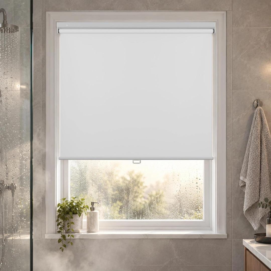 HESTIA No Drill Cordless Blackout Roller Shades Screwless Waterproof Shower Window Blinds, Auto-Retraction Easy Install Blind for Bathroom/Kitchen/Office/Exterior, White, 20" W x 72" H