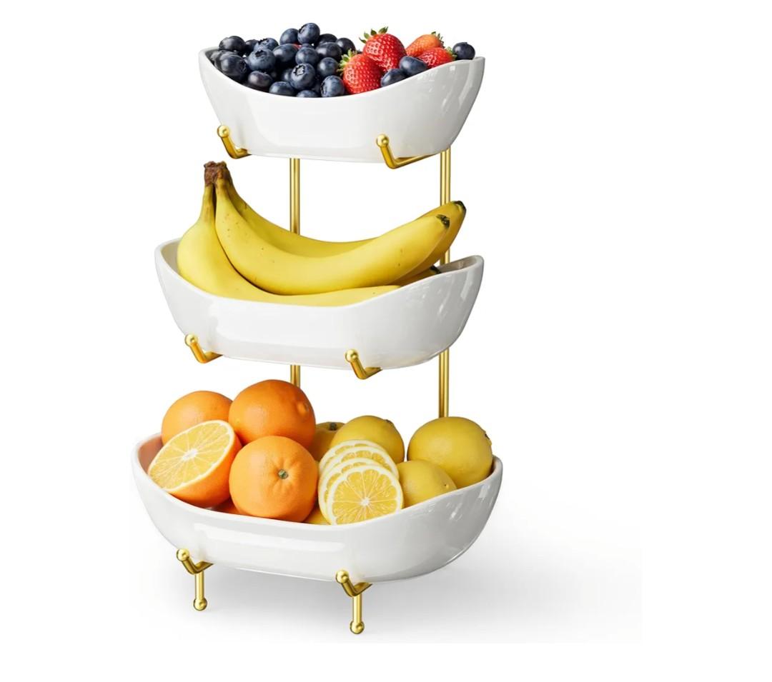 3 Tier Ceramic Fruit Bowl for Kitchen Counter – Fruit Basket with Gold Metal Stand, Fruit Holder for Snacks, Nuts, Cakes, Desserts, Bread, Candy Storage