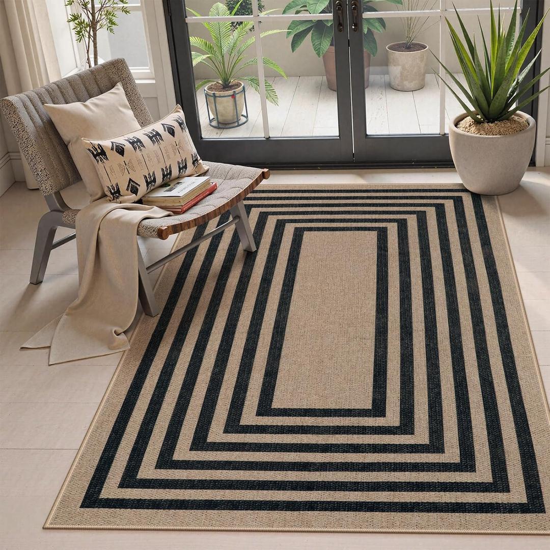 Lahome Enfys Modern Geometric Easy Jute Entryway Rug, 4x6 Black Washable Carpet for Bedroom Contemporary Thin Living Room Patio Rug, Farmhouse Non Slip Indoor Outdoor Carpet for Dining Room Backyard (Nature/Black Border)