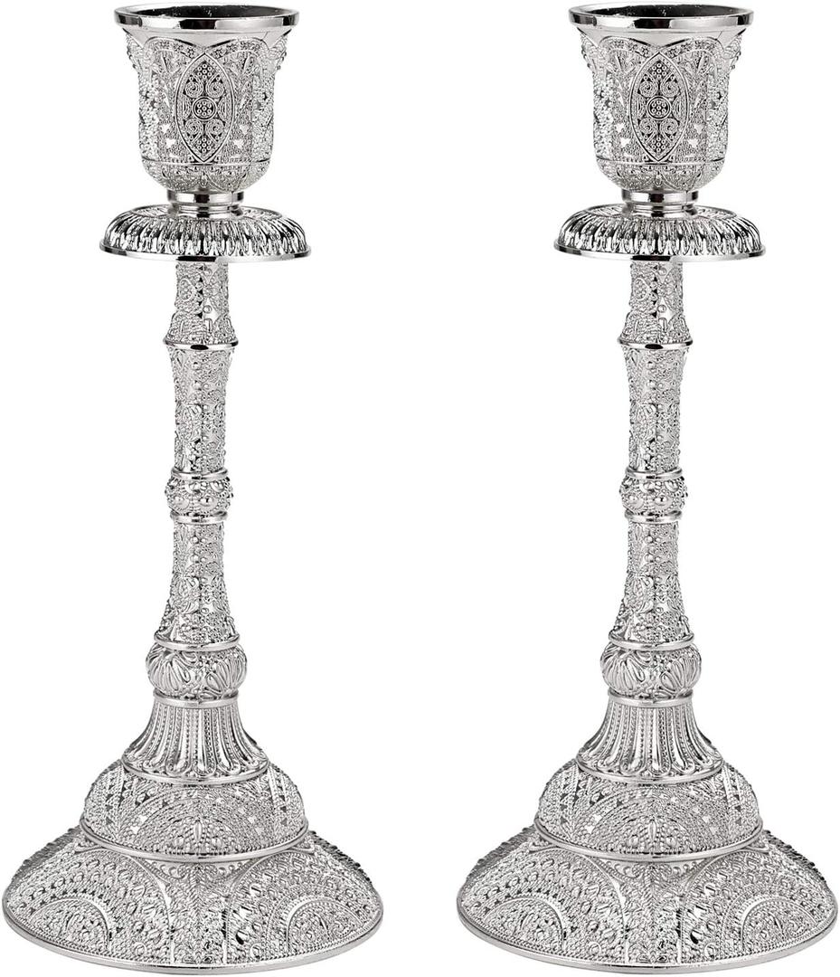 OwnMy Set of 2 Taper Candle Holders Vintage Metal Pillar Candlestick Holders 7.4, Elegant Brass Candle Stick Holders Decor Candelabra Set for Dining Table Centerpieces Wedding Home Decoration, Silver