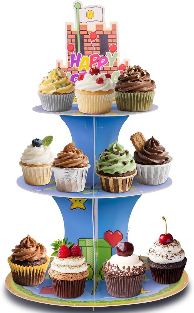 Oture Game Cupcake Stand, 3 Tier Cupcake Tower Cardboard Dessert Display Holder Tray for Kids Birthday Party Theme Party Decoration Supplies Video Game Theme Supplies