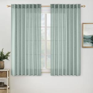 MIULEE Aqua Blue Linen Curtains 54 Inch Length 2 Panels for Bedroom Living Room, Soft Thick Linen Textured Natural Short Window Drapes Semi Sheer Light Filtering Back Tab Rod Pocket Burlap Look Decor