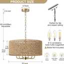 20" Large Boho Rattan Chandeliers for Dining Room, 6-Light Rattan Hand-Woven Drum Wicker Farmhouse Chandelier Large Vintage Chandelier Pendant Light Fixture for Kitchen Island Entryway(Gold)
