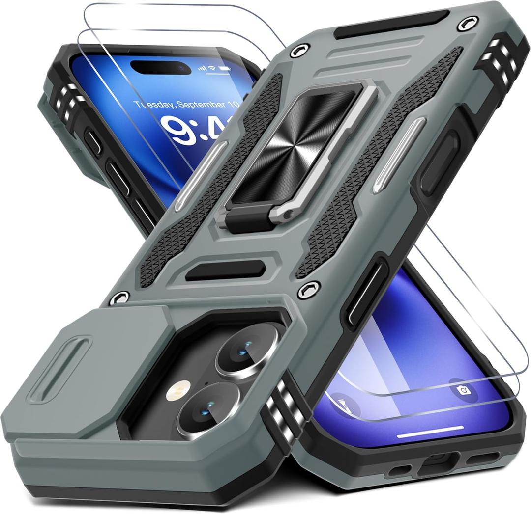 DEERLAMN Case for iPhone 17 6.3-Inch with Slide Camera Cover + Screen Protector (2 Packs), Rotated Ring Kickstand Military Grade Shockproof Protective Cover-Grey