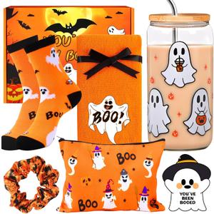 Boo Basket Stuffers for Women, 6 Pcs Halloween Gifts Set Cute Boo Basket with Halloween Cup Socks Towel Bag for Teens Girls Mom Friend Sister Wife
