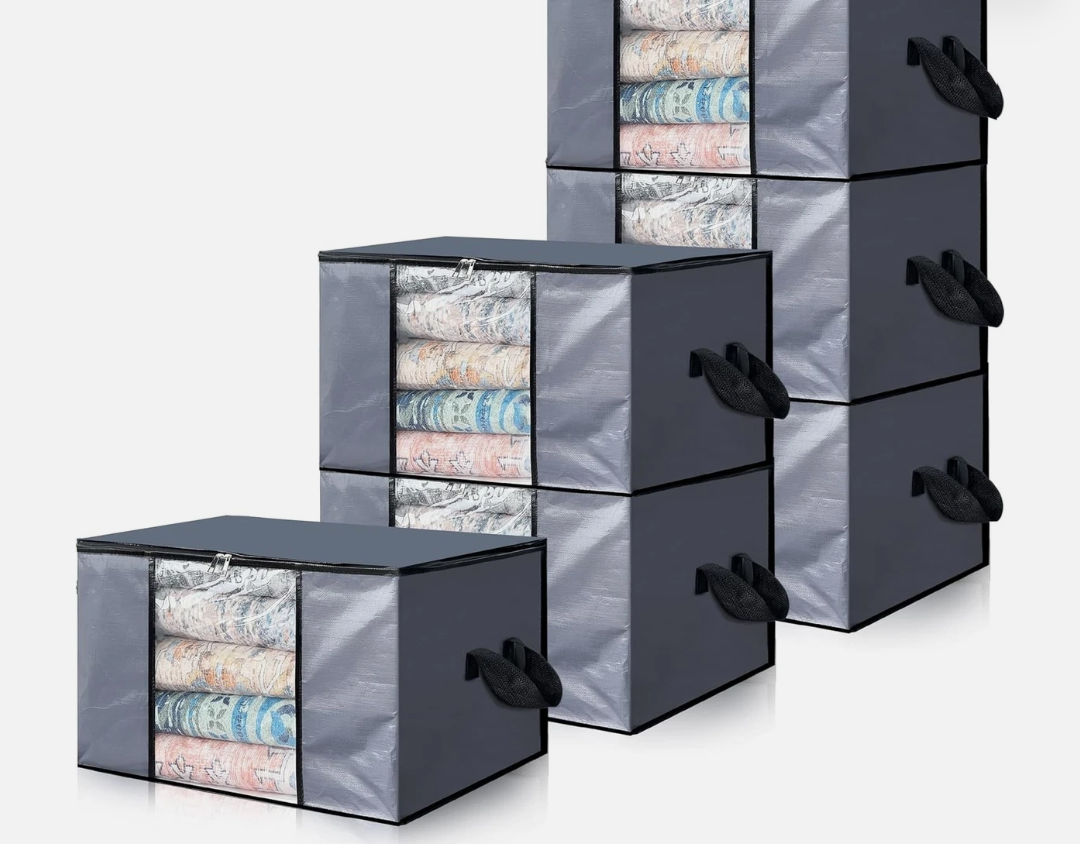 Cosy Family 6 Pack 90L Heavy Duty Extra Large Moving Bags with Reinforced Handle - Strong Handles & Zippers, Storage Totes For Space Saving, Fold Flat, Alternative to Moving Box, Grey