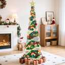 5FT Pop Up Christmas Tree with Lights, Collapsible Tinsel Pencil Christmas Tree with 8 Lighting Modes and Red Gold Decoration, Skinny Artificial Xmas Tree for Home Office Apartment Holiday Party Decor