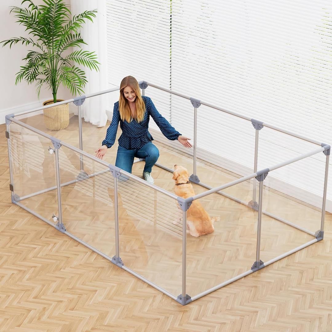 Clear Acrylic Dog Playpen, 10 Panels 29.5 Inch Tall Indoor Pet Play Pen with Door, Transparent Puppy Fence for Small Dogs, Dog Fence Crate Kennel Whelping Cage (Silver)