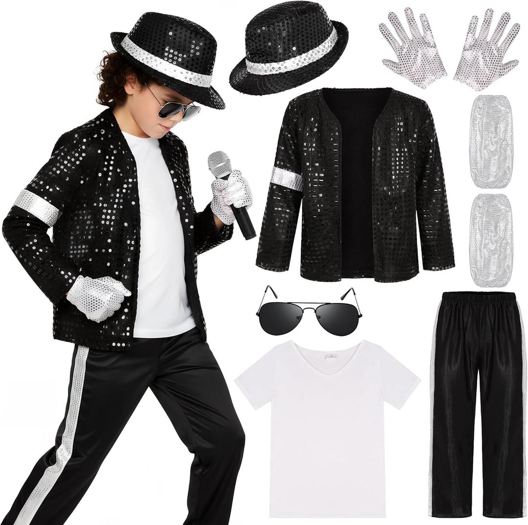 Kids Dance Star Costume for Boys 80s 90s Pop Stage Outfits for Halloween (8-10 Years, Black)