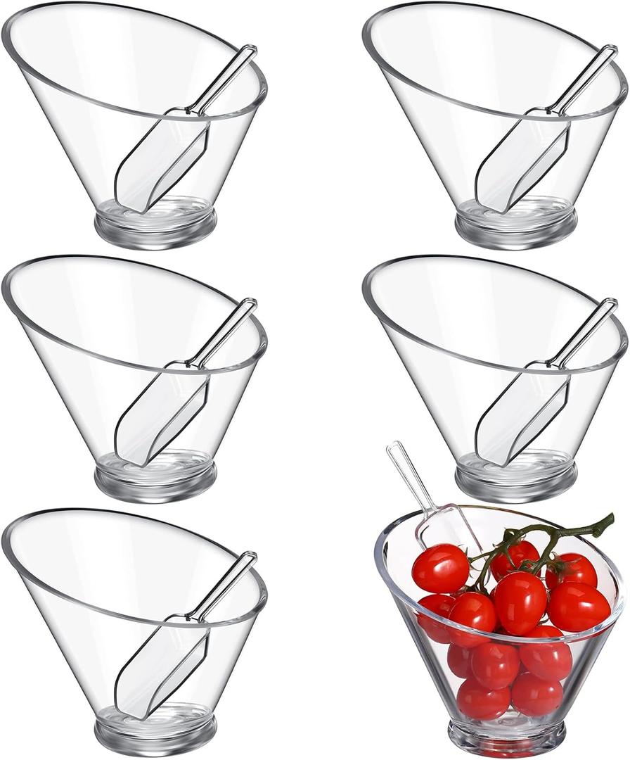 Sawysine 12 Pcs Acrylic Clear Serving Bowls with Plastic Kitchen Scoops Salad Serving Bowls Popcorn Scoops Angled Candy Bowl for Salad Cooking Parties(19 oz)