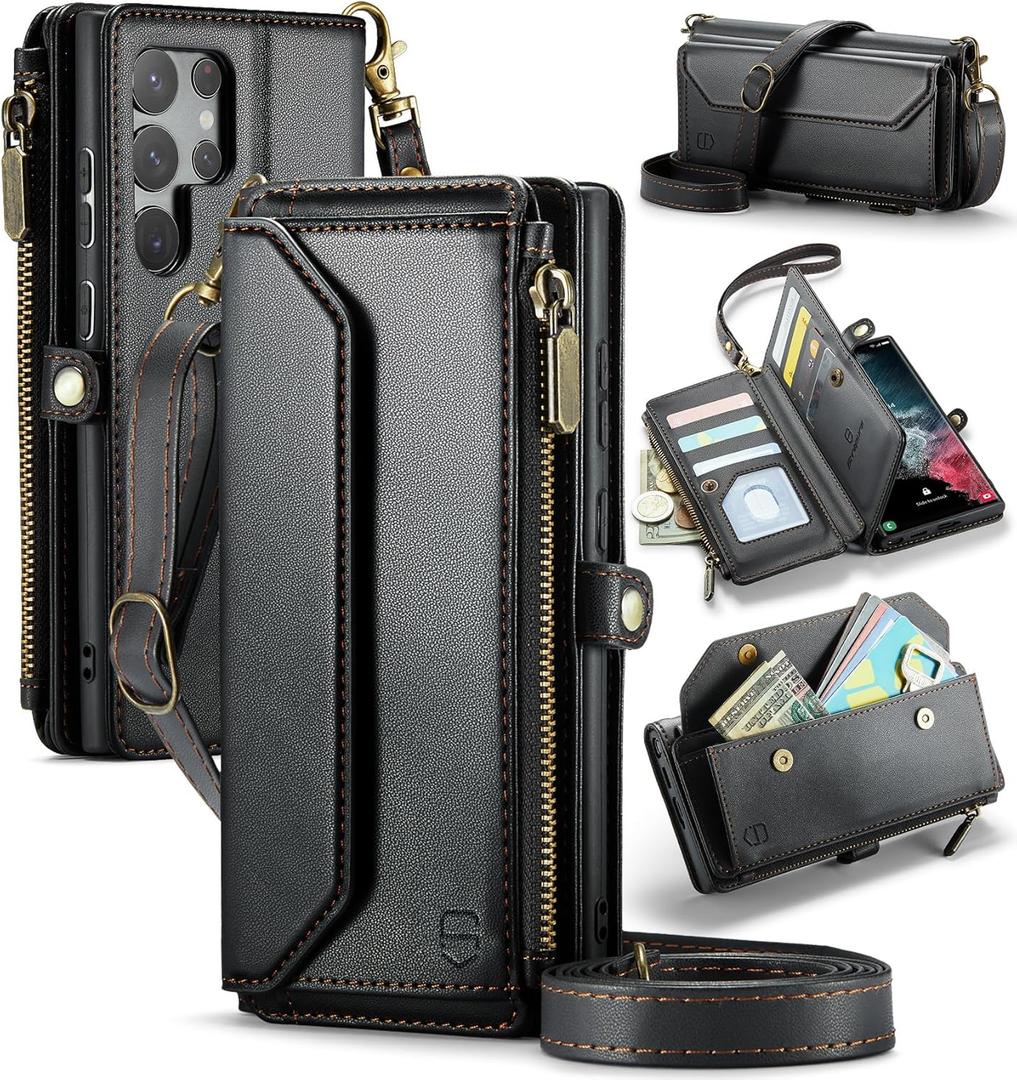 Crossbody Wallet Case Compatible with Samsung Galaxy S22 Ultra 5G RFID Blocking 10-Card Holder Soft PU Leather Magnetic Snap Strap Zipper Pocket Phone Case Fit for Galaxy S22 Ultra - Black