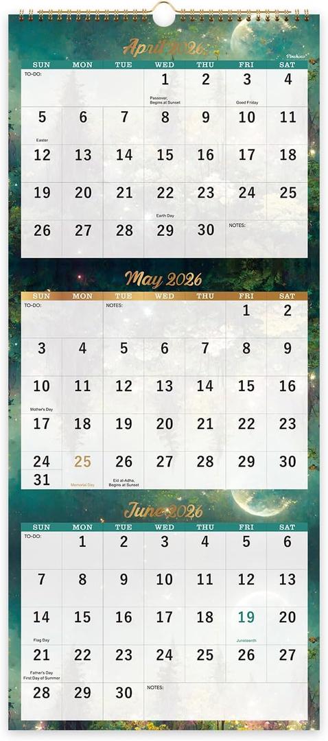 6 x Calendar 2026-2027 - 3 Month Wall Calendar Vertical Display (Folded in a Month), April 2026 - July 2027, 11" x 26", 3 Month Calendar, 2026-2027 Wall Calendar with Thick Paper, To-do & Notes - Green